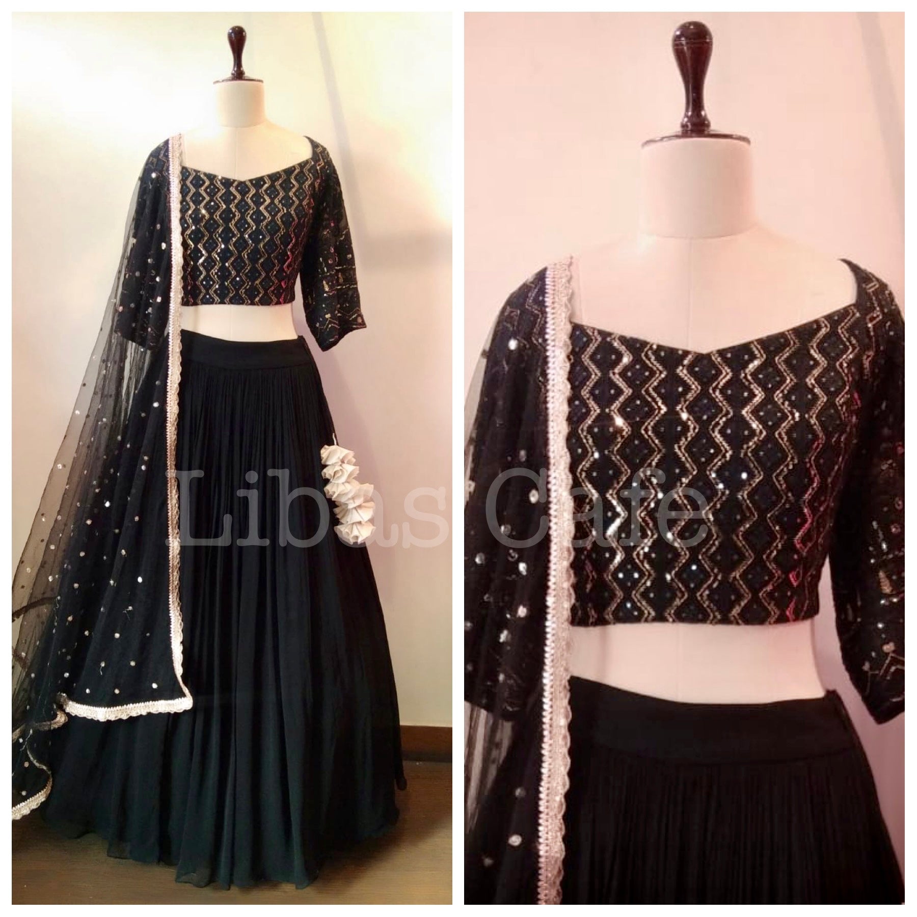 Black Zig Zag Lakhnavi Lehenga